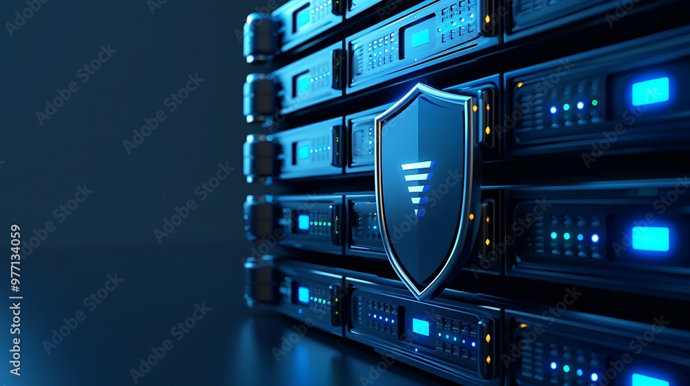 Aufkleber a modern server rack with blue lights and a shield symbol, representing cybersecurity and data prote