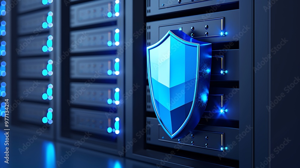 Poster a modern server room featuring blue lights and a digital shield symbolizing data security and protec