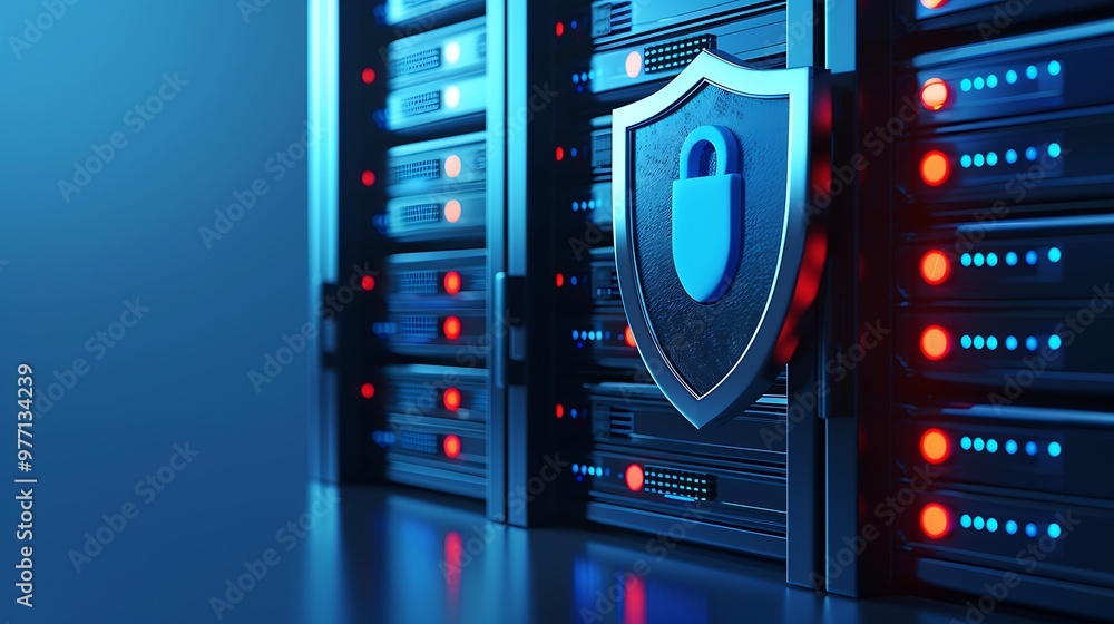 Poster a modern server room featuring high-tech servers with a digital shield symbolizing cybersecurity and