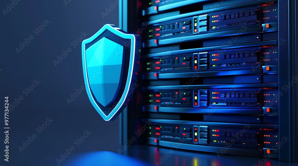 Poster a modern server room featuring secure data storage with a shield symbol, representing cybersecurity 