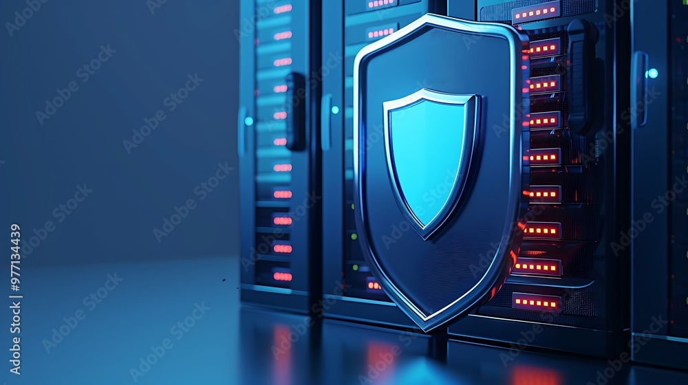 Poster a modern server setup featuring a blue security shield, representing cybersecurity and data protecti