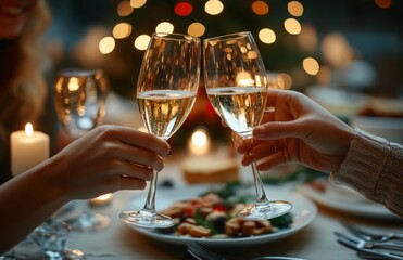 Obraz premium Two people celebrating by toasting champagne glasses at a festive, elegantly set dinner table