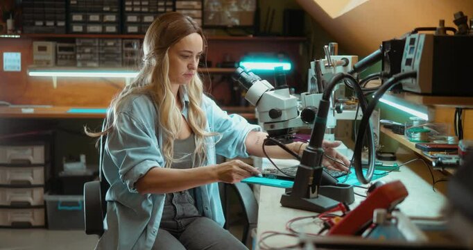 A female electrical engineer works in a computer service, repairs the motherboard, sitting at a desk with a microscope