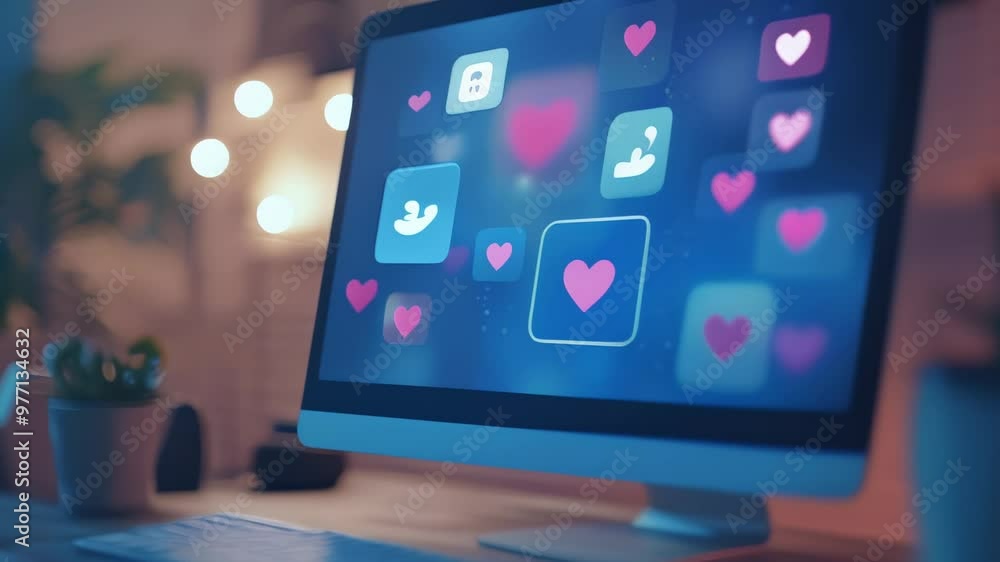 Poster desktop computer with floating heart icons representing social media engagement. business marketing 
