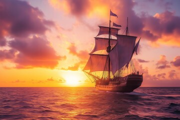 Obraz premium A large ship sails through the ocean at sunset. The sky is filled with clouds and the sun is setting, casting a warm glow over the water. The ship is the main focus of the image