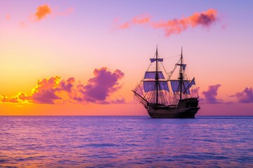A large ship sails in the ocean at sunset. The sky is filled with clouds and the water is calm. The scene is serene and peaceful