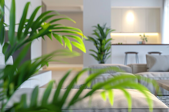 Modern Living Room with Minimalist Furniture &ndash; Blurred Houseplants in the Foreground Add a Touch of Sophistication, Creating a Simple and Elegant Interior Space