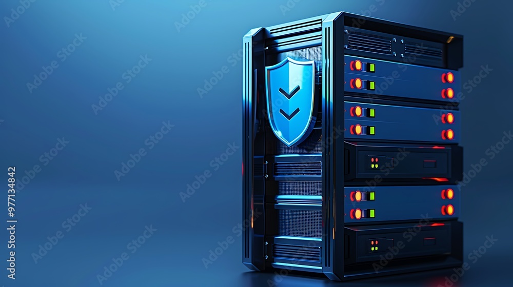 Poster a modern server tower showcasing cutting-edge technology and security features, ideal for data stora