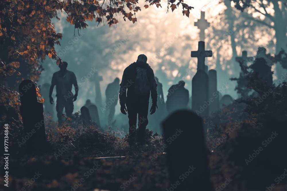 Poster a graveyard with a cross and a group of zombies walking through it. scene is eerie and unsettling