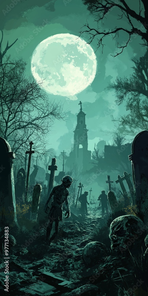 Poster a graveyard with a large moon in the sky. the moon is surrounded by a dark sky and the graveyard is 