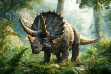 Fototapeta premium A large T-Rex is walking through a lush green forest. The scene is peaceful and serene, with the dinosaur blending in with its surroundings