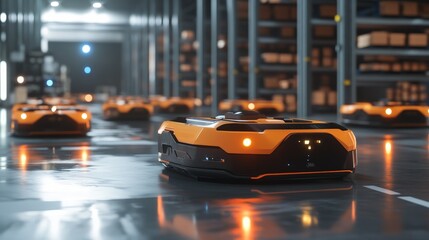 Autonomous robots maneuvering through a modern warehouse with advanced navigation and control systems. 