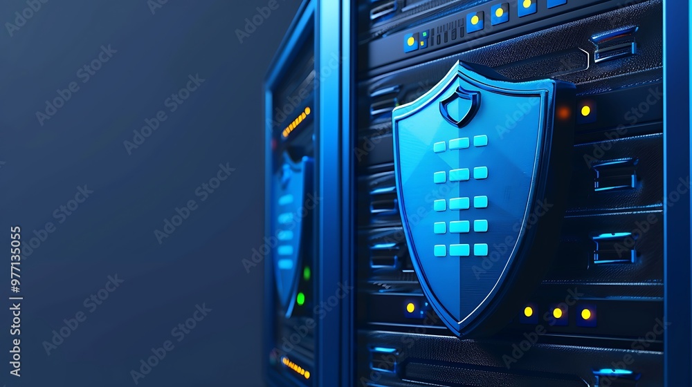 Poster a modern server with a blue security shield symbolizing advanced data protection and cybersecurity.