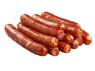 Thin sausages piled together with a transparent background.