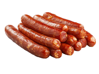 Thin sausages piled together with a transparent background.