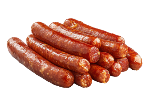 Thin sausages piled together with a transparent background.