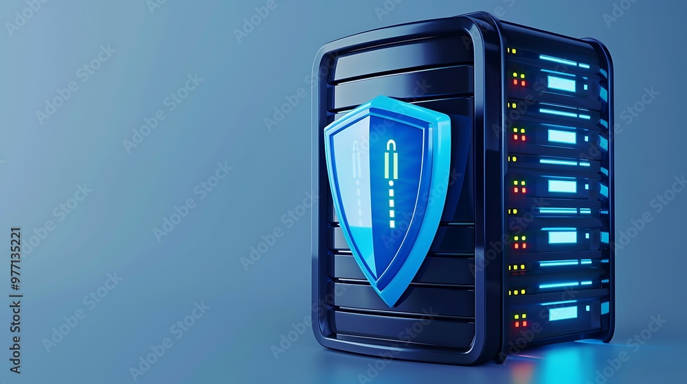 Poster a modern server with a blue shield symbol, representing data security and protection in digital tech