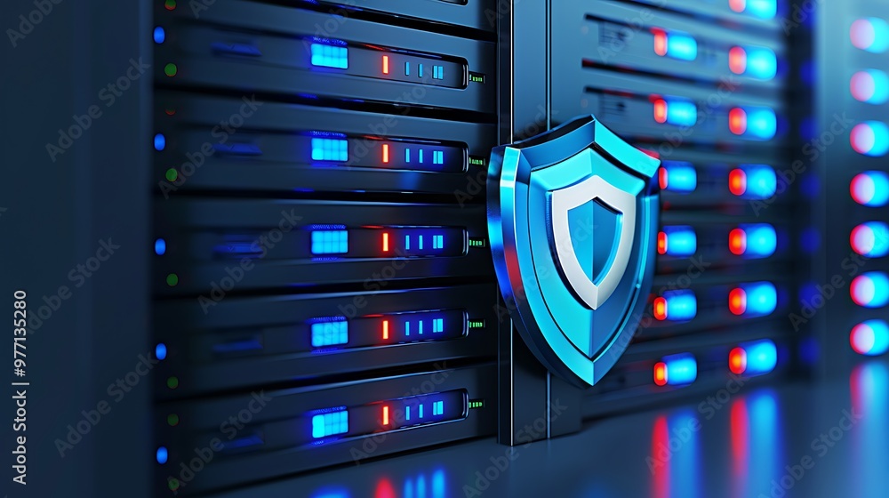 Poster a modern server with a digital shield symbolizing cybersecurity and data protection in a tech enviro
