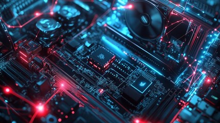 Close-up of computer hardware components like hard drives, GPUs, and cooling systems, displayed on an abstract technology-themed backdrop with interconnected lines and glowing nodes.