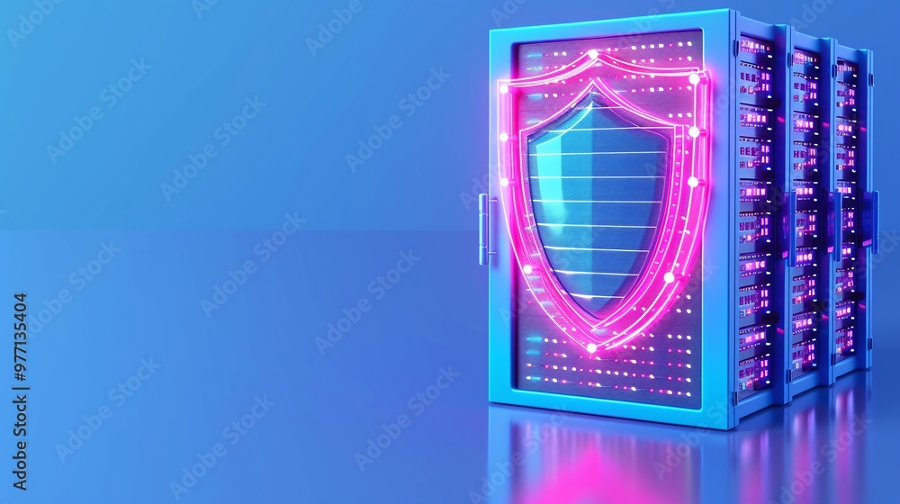 Aufkleber a modern server with a glowing shield, symbolizing cybersecurity and data protection in a digital wo