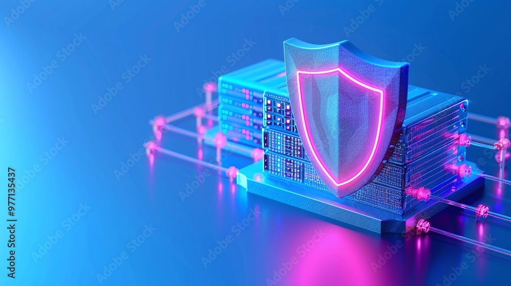 Poster a modern server with a glowing shield, symbolizing strong cybersecurity and data protection in a dig