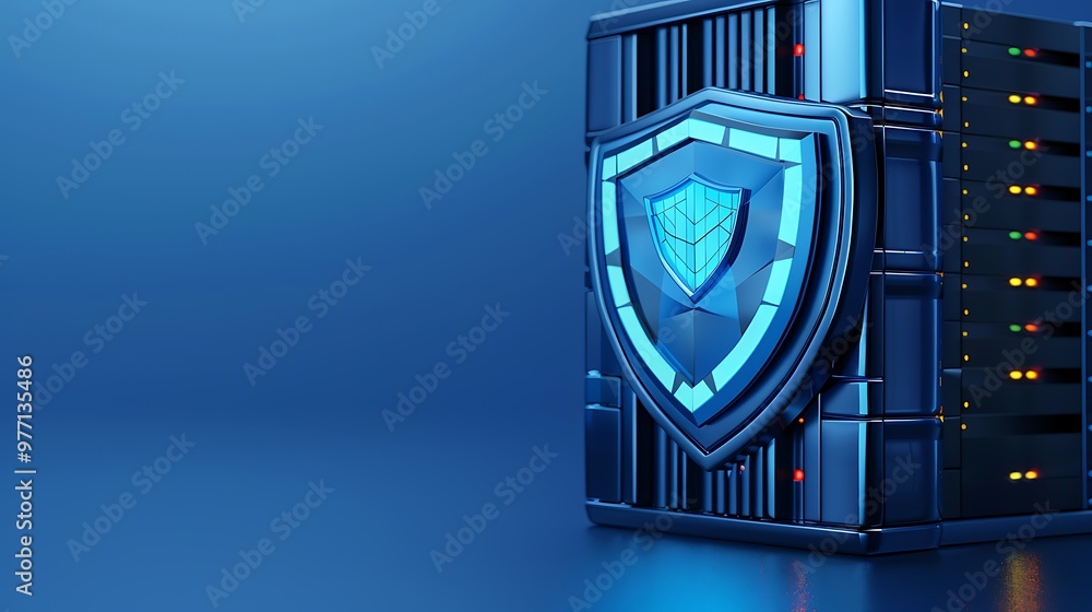 Poster a modern server with a glowing shield symbol, representing cybersecurity and data protection in a sl