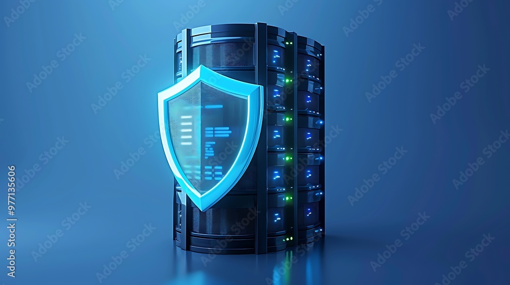 Poster a modern server with a glowing shield symbolizing data security and protection in technology and dig