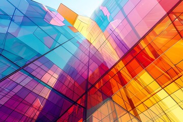 Fototapeta premium Modern Architecture, Glass of Skyscraper with Sunlight, Vibrant Modern Glass Buildings with Colorful Reflections Against a Bright Sky Colorful abstract glass architectural structures reflect. 