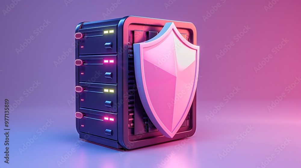 Poster a modern server with a security shield, symbolizing data protection and cybersecurity in a vibrant d