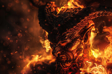 Scary sinister devil is in hell with bright fire lighting on the background