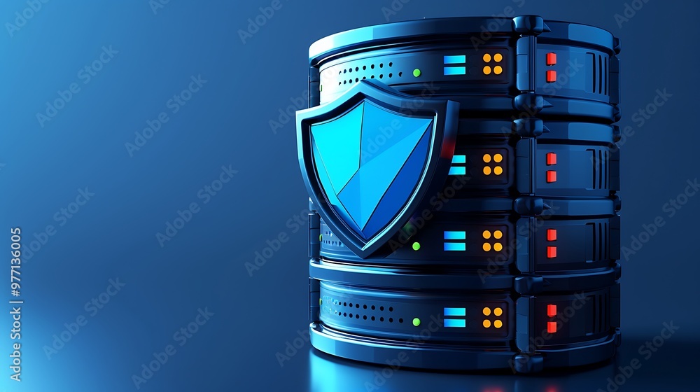 Poster a modern server with a security shield, representing data protection and cybersecurity in a digital 