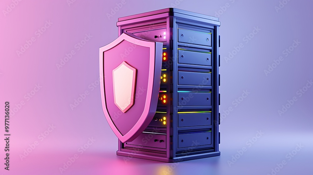 Poster a modern server with a security shield, symbolizing data protection and cybersecurity concepts in a 