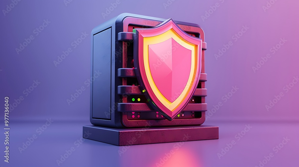 Poster a modern server with a security shield symbolizing data protection and cybersecurity in a vibrant di