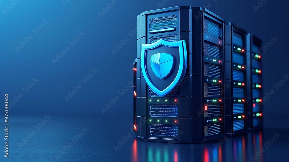 Poster a modern server with a security shield, symbolizing data protection and cybersecurity in a digital e