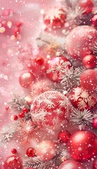 Fototapeta premium Christmas background. Red Christmas balls and fir tree branches on pink sparkling background.