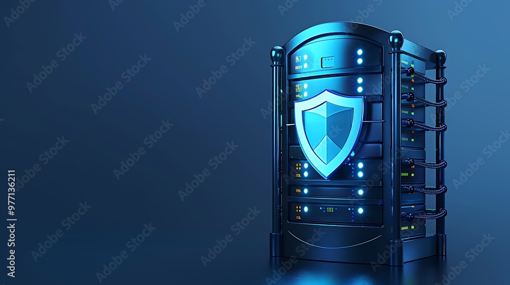 Poster a modern server with a shield icon, representing advanced data security and protection in a digital 