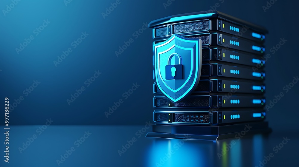 Aufkleber a modern server with a shield icon symbolizes data security and protection in the digital age.