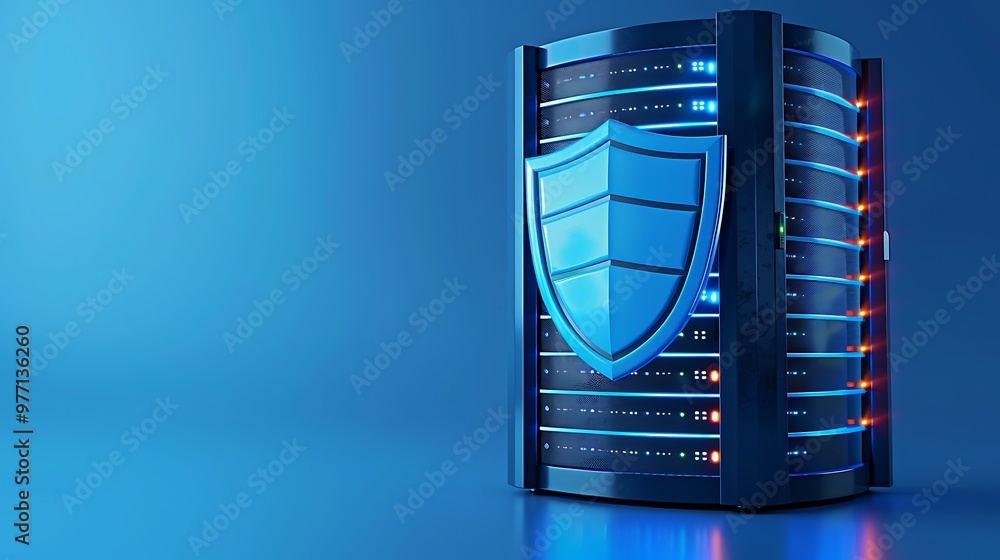 Poster a modern server with a shield, symbolizing cybersecurity and data protection in a digital landscape.