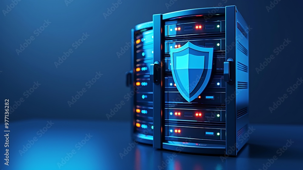 Aufkleber a modern server with a shield symbol, representing cybersecurity and data protection in a high-tech 