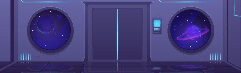 Vector illustration of a spacecraft with a door, portholes where space and the planet Jupiter © sabelskaya