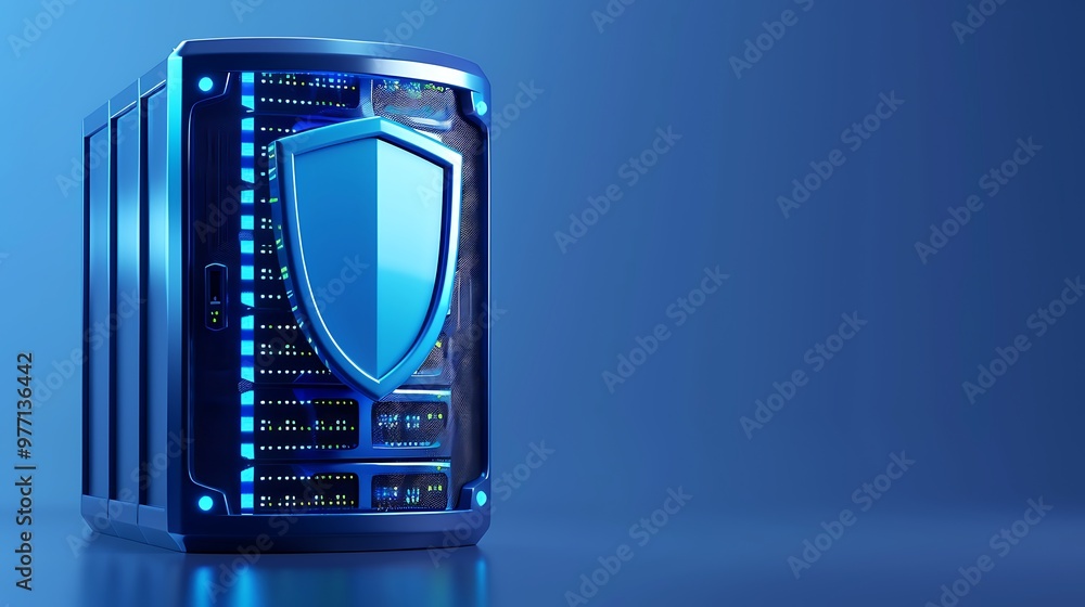 Poster a modern server with a shield symbol, representing technology, security, and data protection in a di