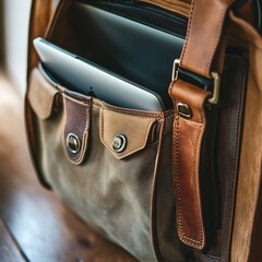 Close-up of a Leather Laptop Bag with a Tablet Inside.