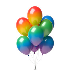 A set of balloons in a perfect rainbow gradient, from red to violet, hovering against a clean white backdrop.
