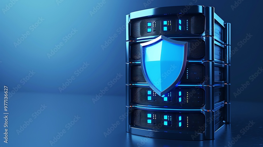 Poster a modern server with security shield, representing data protection and technology in a digital envir
