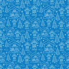 A set of houses, Christmas and New Year drawings in the doodle style. A collection of hand-drawn Christmas houses and snowflakes.