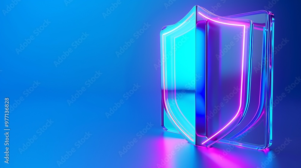 Poster a modern shield design with glowing neon lights, representing protection and security in a digital w