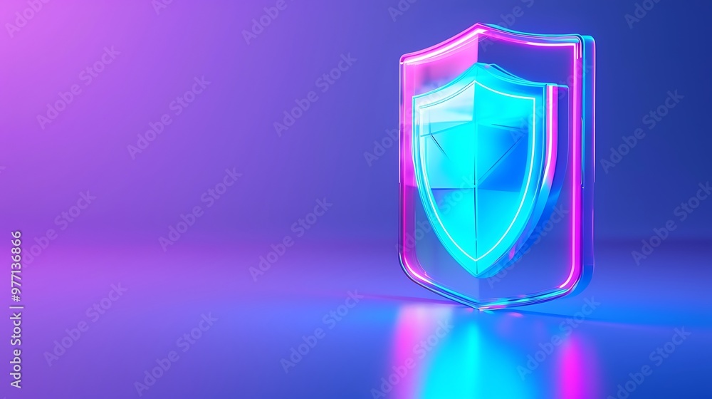 Poster a modern shield icon illuminated by colorful neon lights, symbolizing security and protection in dig