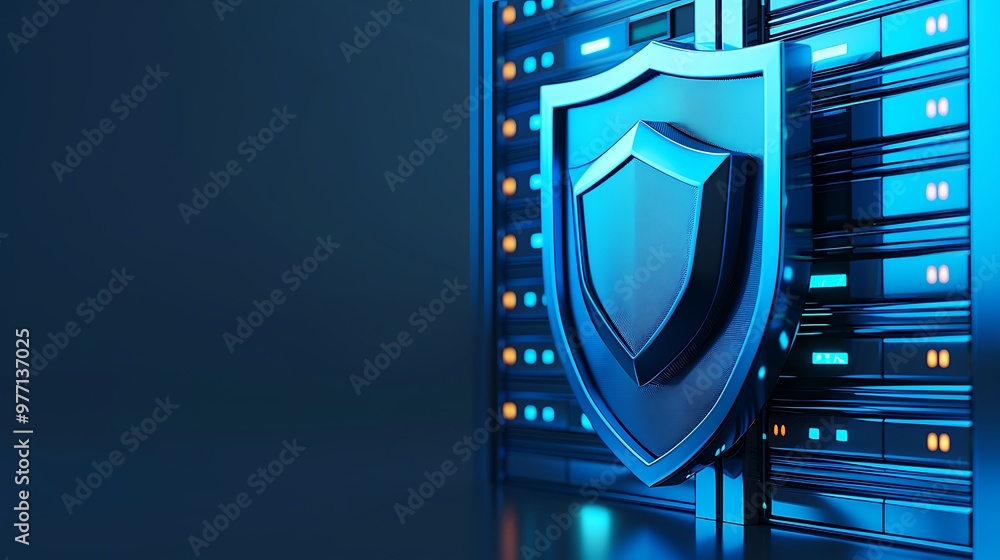 Poster a modern shield symbol representing cybersecurity next to a data server, emphasizing data protection