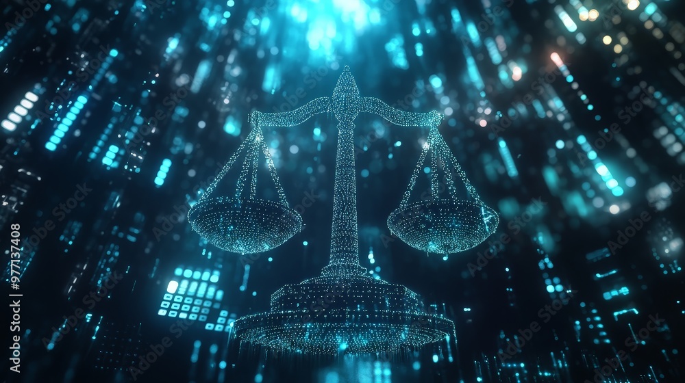 Poster in a high-tech digital environment, a symbol of justice is integrated into a futuristic network of g