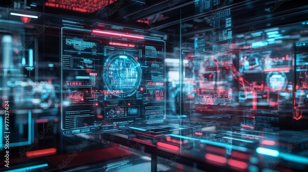 Poster in a high-tech laboratory, a holographic interface with neon highlights projects advanced data and c